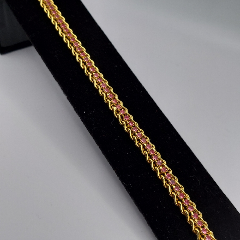 Vintage Tennis Bracelet w/Pink Rhinestones& Goldtone, GC. - Picture 8 of 9